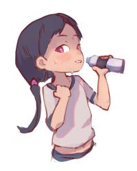 1girl black_hair bottle child female_focus gym_uniform looking_at_viewer midriff navel open_mouth original orphira pink_eyes shirt solo standing sweat teeth twintails upper_teeth_only water_bottle white_background