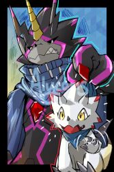 Rule 34 | bandana, bandana around neck, black border, black scales, black sclera, blue bandana, blue cloak, border, cloak, colored sclera, digimon, digimon (creature), digimon ghost game, dragon, finalelysion, gammamon, gulusgammamon, horns, smile, triceratops, white scales, yellow eyes
