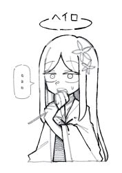 ... 1girl blue_archive food hair_ornament halo haori highres holding holding_food holding_skewer japanese_clothes long_hair monochrome nagusa_(blue_archive) open_mouth sailor_collar school_uniform serafuku skewer snowflake_hair_ornament solo white_hair white_sailor_collar white_serafuku yakitori zassou_maruko