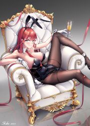 1girl 5hibu05 absurdres ahoge alternate_costume alternate_hairstyle animal_ear_hairband animal_ears bare_shoulders between_breasts black_leotard black_shoes blue_eyes blush breasts brown_pantyhose chair champagne_flute closed_mouth commentary_request cup dated detached_collar drinking_glass elbow_rest embarrassed fake_animal_ears fake_tail feet_out_of_frame fishnet_pantyhose fishnets gloves go-toubun_no_hanayome groin hair_ornament hairband highleg highleg_leotard highres holding holding_cup knee_up large_breasts leotard long_hair looking_to_the_side nakano_itsuki necktie necktie_between_breasts on_chair pantyhose playboy_bunny rabbit_ear_hairband rabbit_ears rabbit_tail red_hair red_necktie shoes signature sitting solo spread_legs star_(symbol) star_hair_ornament straight_hair strapless strapless_leotard tail wavy_mouth white_gloves white_wrist_cuffs wrist_cuffs