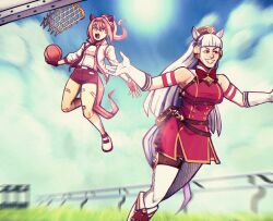 2girls animal_ears ball bandaid bandaid_on_leg basketball_(object) basketball_hoop blurry blurry_background bow fingerless_gloves gloves gold_ship_(umamusume) hairband haru_urara_(umamusume) hat highres horse_ears horse_girl horse_tail i_got_a_glock_in_my_&#039;rari_(meme) kermittend meme multiple_girls open_mouth pillbox_hat pink_hair purple_bow purple_eyes red_bow shorts smile tail umamusume white_gloves white_hair