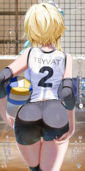 1girl adjusting_clothes ass ball black_shorts blonde_hair elbow_pads facing_away feather_hair_ornament feathers flower from_behind genshin_impact hair_flower hair_ornament highres holding holding_ball indoors jersey kabu_usagi lumine_(genshin_impact) short_shorts shorts solo speech_bubble sportswear thigh_gap thighs thought_bubble volleyball_(object) volleyball_net volleyball_uniform