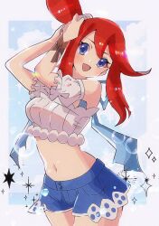 1girl :d blue_eyes blue_shorts cowboy_shot crop_top hair_between_eyes highres looking_at_viewer midriff navel ngo_(ngo_hotategoya) nintendo official_alternate_costume open_mouth pokemon pokemon_masters_ex red_hair short_shorts shorts skyla_(pokemon) skyla_(summer_2025)_(pokemon) smile solo