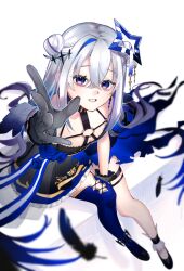 1girl akari0120_s amane_kanata amane_kanata_(another_world) angel_wings ankle_garter anklet arm_up bare_shoulders black_collar black_gloves blue_hair blue_skirt blue_wings chest_harness collar colored_inner_hair double_bun dress feathers flat_chest from_above gloves gradient_wings grey_hair hair_between_eyes hair_bun halo halo_ornament hand_up harness high_heels hololive jewelry long_hair looking_at_viewer miniskirt multicolored_hair multicolored_wings o-ring o-ring_harness official_alternate_costume official_alternate_hair_length official_alternate_hairstyle pumps purple_eyes simple_background single_hair_intake single_thighhigh sitting skirt sleeveless sleeveless_dress solo star_halo strapless streaked_hair teeth thigh_strap thighhighs tube_top very_long_hair virtual_youtuber white_background wings