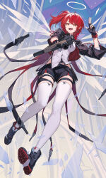 1girl arknights black_gloves black_shorts broken_glass exusiai_(arknights) falling fingerless_gloves glass gloves gun halo holding holding_gun holding_weapon nian_(zhanian) shorts thighhighs v weapon white_thighhighs