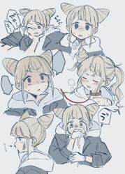 2girls @_@ absurdres bandaid bandaid_on_face bite_mark blank_speech_bubble blush breath bruise bruise_on_face closed_eyes collar commentary_request cone_hair_bun constricted_pupils double_bun grey_background hair_bun hair_half_undone hamu_(hamusand) hand_on_another&#039;s_neck hand_up highres hood hood_down hoodie injury leash long_hair looking_at_viewer multiple_girls multiple_views one_eye_closed open_mouth red_collar scared shaded_face short_hair simple_background speech_bubble strangling tears tomarigi_yasumi toshi_densetsu_kaitai_center translation_request upper_body vomiting wide-eyed