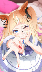 1girl ;) absurdres animal_ears blue_eyes blurry blurry_background blush bow bowtie commentary espoir_city_(umamusume) from_above highres horse_earrings horse_ears horse_girl jagili_noe long_hair looking_at_viewer one_eye_closed orange_hair pleated_skirt puffy_short_sleeves puffy_sleeves purple_bow purple_bowtie purple_shirt sailor_collar sailor_shirt school_uniform shirt short_sleeves skirt smile solo tracen_school_uniform tsurime umamusume v white_skirt