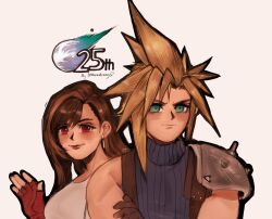 Rule 34 | 1boy, 1girl, absurdres, anniversary, armor, artist name, black hair, blonde hair, blue eyes, blue sweater, blush, breasts, brown gloves, brown hair, closed mouth, cloud strife, commentary, crossed arms, earrings, english commentary, final fantasy, final fantasy vii, fingerless gloves, gloves, hair behind ear, highres, jewelry, lips, long hair, looking at viewer, medium breasts, red eyes, red gloves, short hair, shoulder armor, simple background, single bare shoulder, single earring, sleeveless, sleeveless turtleneck, spiked hair, strawderryst, suspenders, sweater, swept bangs, tank top, tifa lockhart, turtleneck, turtleneck sweater, upper body, waving, white tank top