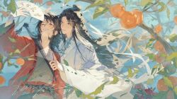 2boys absurdres artist_request bishounen black_eyes black_hair branch chinese_clothes chinese_commentary chinese_knot coat commission dao_gui_yi_xian day facial_mark falling_leaves floating_hair flower folding_fan food forehead_mark fruit grey_hanfu grin hair_bun hair_ornament hair_ribbon half_updo hand_fan hand_fan_writing hand_up hanfu highres holding holding_fan jewelry leaf li_huowang light_particles long_hair long_sleeves male_focus multiple_boys one_eye_closed open_mouth outdoors paintbrush_hair_ornament parted_lips red_coat red_eyes ribbon robe sample_watermark sash second-party_source single_hair_bun sky smile sunlight sword sword_on_back tassel teeth tree upper_body water watermark weapon weapon_on_back white_hanfu white_ribbon wide_sleeves wind yaoi zhuge_yuan