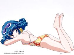 1990s_(style) 1girl aqua_eyes aqua_hair bare_shoulders copyright_notice crossed_arms eyewear_on_head feet floral_print full_body looking_at_viewer lying non-web_source official_art on_stomach one-piece_swimsuit retro_artstyle rolfee simple_background smile solo swimsuit tadano_kazuko the_pose toenails toes tonari_no_princess_rolfee white_background