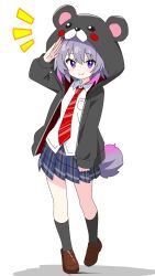 Rule 34 | 1girl, absurdres, animal ear hood, arm up, bear hoodie girl (kotatsu-mazoku), bear tail, black socks, blue skirt, blush, brown shoes, closed mouth, collared shirt, commentary request, dot nose, fake animal ears, full body, gradient hair, gradient tail, highres, hood, hood up, hoodie, kotatsu-mazoku, long sleeves, looking at viewer, multicolored hair, necktie, notice lines, open clothes, open hoodie, original, pink hair, plaid clothes, plaid skirt, pleated skirt, purple eyes, purple hair, red necktie, school uniform, shirt, shoes, short hair, simple background, skirt, smile, socks, solo, standing, striped necktie, tail, white background, white shirt