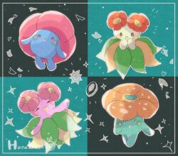 :d :o ^_^ alternate_color animal_focus artist_name bellossom blue_skin border closed_eyes colored_skin commentary_request gen_1_pokemon gen_2_pokemon green_skin hanabusaoekaki leaf nintendo no_humans open_mouth pink_skin pokemon pokemon_(creature) shiny_pokemon smile solid_oval_eyes sparkle sun vileplume white_border