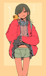 1boy backpack bag black_eyes black_skirt blue_bow blue_bowtie border bow bowtie boxer_briefs bright_pupils bulge cellphone clothes_lift crossdressing dress_shirt feet_out_of_frame genderswap genderswap_(ftm) girlfriend_(yoru_mac) green_hair grey_shirt grin henriiku_(ahemaru) highres holding holding_phone jacket lifting_own_clothes looking_at_viewer male_underwear open_clothes open_jacket orange_border outside_border phone pleated_skirt ponytail red_jacket school_uniform selfie shirt simple_background skirt skirt_lift sleeves_past_wrists smartphone smile smirk standing thigh_gap translation_request trap underwear white_pupils yellow_background yoru_mac