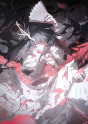 1boy absurdres aqua_eyes black_eyes black_hair chinese_clothes chinese_commentary cloak closed_mouth cowboy_shot dragon e.g.o_(project_moon) eastern_dragon eastern_dragon_horns facial_mark falling_petals glint hagoromo hand_fan hanfu heterochromia highres holding holding_fan hong_lu_(project_moon) horn_ornament horn_ring horns limbus_company long_hair long_sleeves looking_down male_focus petals project_moon rain red_hanfu scroll shawl single_horn smile solo tears_of_the_tarnished_blood_(e.g.o) third_eye tokulily white_cloak wide_sleeves