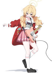 1girl ahoge black_shoes blue_archive brown_eyes full_body guitar halo highres holding holding_guitar holding_instrument instrument jacket kneehighs long_hair looking_at_viewer open_clothes open_jacket open_mouth pink_skirt red_jacket shirt shoes simple_background skirt socks solo standing standing_on_one_leg t-shirt twintails unamaso white_background white_shirt white_socks yellow_halo yoshimi_(band)_(blue_archive) yoshimi_(blue_archive)