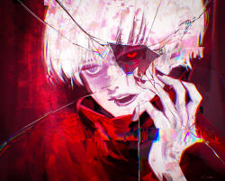1boy :d absurdres beco_(karikaribaconchan) black_nails broken_glass glass hand_up heterochromia highres kaneki_ken looking_at_viewer male_focus nail_polish open_mouth portrait red_background red_eyes short_hair signature smile solo teeth tokyo_ghoul
