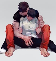 2boys arm_up barefoot black_hair black_pants black_shirt blue_eyes blush breast_pocket brothers closed_mouth collared_shirt commentary_request crew_neck full-face_blush grey_background groping hand_on_another&#039;s_arm hand_on_another&#039;s_crotch hand_on_another&#039;s_wrist harikoma1010 incest large_hands male_focus matsuno_karamatsu matsuno_osomatsu multiple_boys open_pants osomatsu_(series) pants pocket red_eyes red_pants shirt short_hair short_sleeves siblings sitting smile socks t-shirt veins veiny_hands white_shirt white_socks wing_collar yaoi