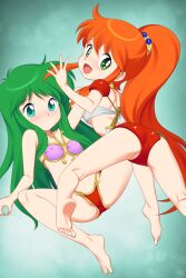 2girls arm_up armor ass ayanokouji_rem barefoot bikini bikini_armor blush breasts caron_(rall) commentary_request commission commissioner_upload covered_erect_nipples crossover dream_hunter_rem feet fugetsu_taku green_eyes green_hair highres kneepits legs long_hair looking_back multiple_girls open_mouth orange_hair pink_bikini ponytail red_bikini sf_choujigen_densetsu_rall skeb_commission small_breasts smile soles spread_legs swimsuit thighs toes trait_connection white_bikini