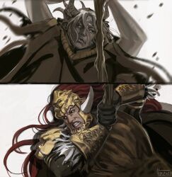 2boys absurdres armor artist_name asymmetrical_horns battle breastplate brothers brown_robe cape cleaning_rag clenched_teeth cloak commentary elden_ring english_commentary fake_horns full_armor gold_armor half-siblings hand_on_cane helmet highres holding holding_weapon horned_helmet horns long_hair looking_at_another margit_the_fell_omen mismatched_horns morgott_the_omen_king multiple_boys multiple_horns ornate_armor red_hair robe short_hair shoulder_armor siblings signature starscourge_radahn teeth uneven_horns weapon white_background white_hair yellow_eyes yen_(yenyenyen19)
