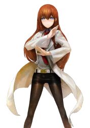 absurdres belt black_pantyhose black_shorts breasts brown_hair collared_shirt hair_between_eyes hair_over_shoulder highres huke leather_belt makise_kurisu necktie non-web_source official_art pantyhose purple_eyes purple_trim red_necktie ringed_eyes shirt shorts small_breasts square_pupils steins;gate steins;gate:_linear_bounded_phenogram white_belt white_shirt