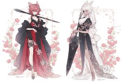 Rule 34 | 2girls, animal ears, bare shoulders, black dress, black shawl, blue gemstone, blush, bow, breasts, cleavage, commentary, commission, dark-skinned female, dark skin, double-parted bangs, dress, embroidery, eyepatch, floral print, flower, full body, gem, gradient clothes, gradient dress, gradient hair, hair between eyes, holding, holding staff, holding sword, holding weapon, lemon89h, long hair, looking at viewer, multicolored hair, multiple girls, orange eyes, original, red flower, red gemstone, red hair, red rose, rococo movement, rose, shawl, shoes, short hair, smile, staff, standing, sword, tassel, wavy hair, weapon, white bow, white hair