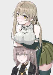 2girls absurdres black_jacket black_ribbon breast_rest breasts breasts_on_head brown_hair closed_mouth commentary_request crossed_arms girls&#039;_frontline girls&#039;_frontline_2:_exilium green_skirt green_thighhighs grey_background hair_ribbon highres jacket lainie_(girls&#039;_frontline_2) large_breasts leva_(girls&#039;_frontline_2) long_hair looking_at_viewer multiple_girls necktie pleated_skirt ribbed_sweater ribbon satsumaagee scar scar_across_eye scar_on_face simple_background skirt sleeveless sleeveless_sweater smile sweater thighhighs ump40_(girls&#039;_frontline) ump45_(girls&#039;_frontline) yellow_eyes yellow_necktie