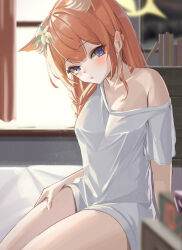 Rule 34 | 1girl, absurdres, animal ear fluff, animal ears, banpen, bedroom, blue archive, blue eyes, blunt ends, blurry, blurry background, blurry foreground, blush, breasts, clock, commentary request, depth of field, digital clock, double-parted bangs, expressionless, eyelashes, film grain, fingernails, flower, hair flower, hair ornament, halo, hand on own thigh, highres, indoors, long hair, long shirt, looking at viewer, mari (blue archive), mole, mole on breast, mole on leg, off shoulder, on bed, orange hair, oversized clothes, oversized shirt, parted lips, shirt, short sleeves, sitting, solo, t-shirt, white shirt, window, yellow flower, yellow halo