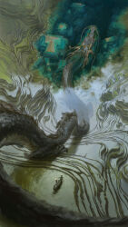 absurdres animal architecture building bull commentary day dragon east_asian_architecture fantasy from_above highres monster nature original outdoors partially_submerged people realistic rock scenery standing submerged underwater_house water wide_shot xision_wu