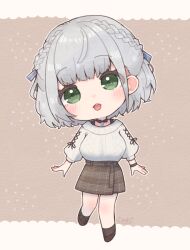 1girl amari_(ama_shiiiiiiba) arms_at_sides black_choker black_socks black_tank_top blue_ribbon blunt_bangs blush braid breasts brown_background brown_shoes brown_skirt chestnut_mouth chibi chibi_only choker choppy_bangs cross-laced_clothes cross-laced_sleeves crossed_bangs double-parted_bangs full_body green_eyes grey_hair hair_ribbon half_up_braid half_updo highres hololive large_breasts long_sleeves medium_hair miniskirt official_alternate_costume official_alternate_hairstyle parted_hair plaid_clothes plaid_skirt ribbed_sweater ribbon shirogane_noel shirogane_noel_(casual) shoes skirt socks solo sweater tank_top virtual_youtuber watermark white_sweater