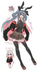 Rule 34 | 2boys, animal ears, blush, brown shoes, brown skirt, character request, covered navel, cropped jacket, crossdressing, crossdressing (mtf), deformed, frilled skirt, frills, full body, grey hair, haoro, highres, jacket, leotard, linea alba, long hair, male focus, mary janes, miniskirt, multicolored hair, multiple animal ears, multiple boys, open clothes, open jacket, original, pectorals, playboy bunny, purple eyes, rabbit ears, red eyes, ribs, shirt, shoes, simple background, skirt, sleeveless, sleeveless shirt, spoken animal, thighhighs, trap, twintails, two-tone hair, very long hair, white background, yaoi, zettai ryouiki