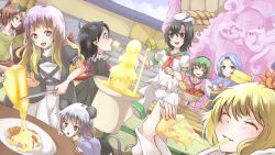 +_+ 1boy 6+girls ahoge anchor_symbol animal_ears asymmetrical_wings bad_id bad_pixiv_id basket black_dress black_hair blonde_hair blue_eyes blue_hair blue_sky brown_hair capelet carrot cheese cheese_wheel chestnut_mouth closed_eyes cloud collarbone commentary_request cowboy_shot day dress dutch_angle eating feeding fondue fondue_au_fromage food futatsuiwa_mamizou glasses gradient_hair green_hair green_sailor_collar grey_capelet hair_between_eyes hair_ornament halter_dress halterneck hand_on_own_hip hat high_collar highres hijiri_byakuren holding holding_basket holding_food hood houjuu_nue indian_style kasodani_kyouko kesa knife kumoi_ichirin ladle layered_dress leaf leaf_on_head leaning_forward long_hair long_sleeves looking_at_another looking_at_viewer meat mouse_ears mouse_tail multicolored_hair multiple_girls murasa_minamitsu nazrin neckerchief open_mouth outdoors pince-nez pizza pizza_slice pointy_ears potato profile purple_eyes raccoon_ears red_neckerchief sailor_collar sailor_hat short_hair short_sleeves shorts shuga_(soranote) sitting sky slicing smile standing tail teeth tomato toramaru_shou touhou unzan upper_body upper_teeth_only very_long_hair white_shorts wings