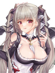 1girl 2021 azur_lane between_breasts black_dress breasts cleavage dress earrings flight_deck formidable_(azur_lane) frilled_dress frills gothic_lolita hair_ribbon highres jewelry kevn large_breasts lolita_fashion long_hair platinum_blonde_hair red_eyes ribbon signature simple_background solo twintails two-tone_dress two-tone_ribbon very_long_hair white_background