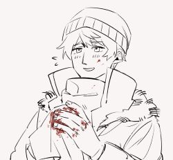 1boy absurdres axis_powers_hetalia blood blood_on_face blood_on_hands blush down_jacket fingernails flying_sweatdrops fur-trimmed_jacket fur_trim hair_between_eyes hand_up handkerchief hat highres holding holding_handkerchief jacket long_sleeves looking_to_the_side male_focus mi_kan1609 monochrome official_alternate_costume open_clothes open_jacket puffy_long_sleeves puffy_sleeves russia_(hetalia) scarf short_hair simple_background smile solo teeth upper_body