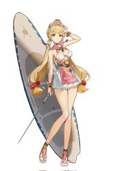 1girl alice_thymefield alice_thymefield_(sea_of_thyme) animal_ears apron blonde_hair braid breasts cleavage full_body heterochromia highres long_hair looking_at_viewer neong_(neong_eeee) official_alternate_costume open_mouth orange_eyes red_eyes red_hair shoes simple_background solo sphere_hair_ornament standing swimsuit twintails white_background zenless_zone_zero