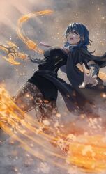 1girl breasts female_byleth_(fire_emblem) embers fire_emblem fire_emblem:_three_houses flaming_sword flaming_weapon green_hair hair_between_eyes hashtag-only_commentary holding holding_sword holding_weapon large_breasts long_hair looking_at_viewer nintendo open_mouth pantyhose solo sword sword_of_the_creator thighs tngtaku v-shaped_eyebrows weapon whip_sword