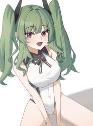 1girl :d absurdres azur_lane bare_shoulders black_bow black_bowtie bow bowtie breasts covered_navel green_hair highres large_breasts light_blush long_hair looking_at_viewer maggiore_baracca_(azur_lane) nova_nekonovaone one-piece_swimsuit open_mouth purple_eyes simple_background smile solo swimsuit triangle_mouth twintails white_background white_one-piece_swimsuit