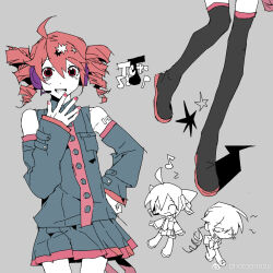 1boy 1girl :d ^_^ ahoge arm_tattoo artist_name birthday black_boots boots breast_pocket character_name chibi chibi_inset chinese_commentary closed_eyes collared_shirt commentary_request detached_sleeves double-parted_bangs drill_hair eighth_note fingernails flat_color genderswap genderswap_(ftm) grey_background grey_shirt grey_skirt grey_sleeves hair_between_eyes hand_on_own_hip hand_up headphones headset highres kasane_ted kasane_teto kasane_teto_(utau) long_sleeves looking_at_viewer low_ponytail medium_hair miniskirt musical_note nail_polish number_tattoo open_mouth photophoby pleated_skirt pocket ponytail red_eyes red_hair red_nails shirt simple_background skirt sleeveless sleeveless_shirt smile tattoo thigh_boots twin_drills utau watermark weibo_watermark
