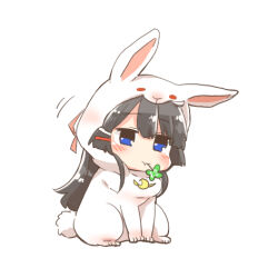 1girl :t animal_costume animal_ears black_hair blue_eyes blush chibi closed_mouth clover crescent fake_animal_ears fake_tail four-leaf_clover full_body hair_ornament hairclip looking_at_viewer lowres mouth_hold nijisanji rabbit_costume rabbit_ears rabbit_tail rebecca_(keinelove) simple_background solo stalk_in_mouth tail tsukino_mito virtual_youtuber white_background