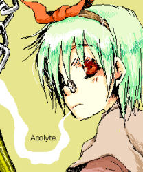 Rule 34 | 1girl, acolyte (ragnarok online), ark kan, bow, brown capelet, capelet, character name, closed mouth, commentary request, expressionless, glasses, green hair, hair bow, looking at viewer, looking to the side, lowres, oekaki, orange bow, pince-nez, ragnarok online, red eyes, round eyewear, short hair, simple background, smoke, smoking, solo, upper body, yellow background