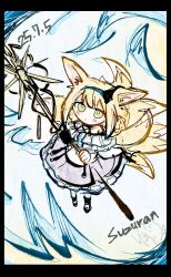 1girl absurdres animal_ears arknights blonde_hair blue_dress blue_hairband bobrice_(bobcorn) character_name closed_mouth commentary_request dated dress earpiece fox_ears fox_girl fox_tail frilled_dress frills green_eyes hairband highres holding holding_staff kitsune kyuubi multiple_tails one-hour_drawing_challenge short_hair sketch solo staff suzuran_(arknights) tail
