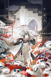 Rule 34 | 1boy, absurdres, alternate costume, architecture, belt, belt charm, black belt, branch, building, cape, character name, charm (object), chinese clothes, chinese commentary, closed mouth, creature, dated, diting (honkai: star rail), east asian architecture, falling petals, flower, full body, fur cape, hair over one eye, hair ribbon, half updo, hanfu, high ponytail, highres, holding, holding lantern, honkai: star rail, honkai (series), jing yuan, lantern, leaf, light smile, long hair, long sleeves, looking at object, male focus, mole, mole under eye, nnnnnova, petals, pom pom (clothes), ponytail, procreate (medium), red flower, red ribbon, ribbon, robe, sample watermark, seigaiha, smile, smoke, solo, standing, walking, watermark, white hair, white hanfu, white robe, wide sleeves, yellow eyes, zhijupao