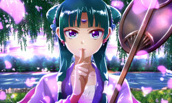 Rule 34 | 1girl, absurdres, beads, blunt bangs, branch, chinese clothes, collarbone, double bun, earrings, falling petals, finger to mouth, grass, green hair, hair beads, hair bun, hair ornament, hand fan, hanfu, head chain, highres, holding, holding fan, jewelry, kusuriya no hitorigoto, looking at viewer, maomao (kusuriya no hitorigoto), petals, purple eyes, purple hanfu, river, sengoku chidori, sidelocks, tree