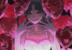 Rule 34 | 1girl, balloon, bare shoulders, black hair, dress, elbow gloves, flipped hair, frilled dress, frills, gloves, hair ornament, hairband, heart balloon, highres, kataruruni, kirigoe mima, lipstick, looking at viewer, makeup, parted bangs, perfect blue, red eyes, red hairband, short hair, smeared lipstick, smile, solo, teeth, upper body, white dress, white gloves