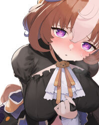1girl @_@ ascot back_bow black_dress blush bow breasts brooch brown_hair chinese_commentary clothes_lift commentary_request cropped double-parted_bangs dress dress_lift from_above hair_between_eyes halloween_costume heart heart-shaped_pupils highres horse_tail jack-o&#039;-lantern_ornament jewelry large_bow large_breasts leaning_forward long_sleeves medium_hair meisho_doto_(dot-o&#039;-lantern)_(umamusume) meisho_doto_(umamusume) mixed-language_commentary multicolored_hair neck_ribbon official_alternate_costume orange_bow orange_ribbon purple_eyes ribbon simple_background solo sweat symbol-shaped_pupils tail two-tone_hair umamusume uta_(xuyansong1996) very_sweaty white_ascot white_background white_hair