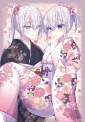 2girls ahoge black_kimono blush closed_mouth dated floral_print fuyutsuki_(kancolle) grey_eyes grey_hair hair_between_eyes highres japanese_clothes kabocha_torute kantai_collection kimono long_hair long_sleeves multiple_girls obi parted_lips pink_kimono ponytail print_kimono sash suzutsuki_(kancolle) twitter_username wide_sleeves yuri