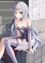 1girl :t absurdres adina_savic alternate_costume arm_support bare_shoulders black_collar black_survival blue_eyes blunt_bangs blush breasts cleavage collar collarbone commentary cosplay cutout_above_navel day detached_sleeves diamond_hairband dress eternal_return:_black_survival feathered_wings frilled_collar frills highres hololive hololive_english long_hair looking_at_viewer lovehaejo low_wings medium_breasts ninomae_ina&#039;nis ninomae_ina&#039;nis_(1st_costume) ninomae_ina&#039;nis_(cosplay) outdoors pout purple_thighhighs sidelocks single_bare_arm single_bare_leg single_detached_sleeve single_thighhigh sitting solo strapless strapless_dress thighhighs v-shaped_eyebrows very_long_hair white_hair wings