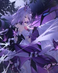 1girl absurdres asymmetrical_gloves bare_shoulders black_tiara breasts bug butterfly butterfly_earrings castorice_(honkai:_star_rail) closed_mouth commentary_request dress earrings flower from_side gloves grey_hair hair_flower hair_intakes hair_ornament highres honkai:_star_rail honkai_(series) insect jewelry legwear_cutout long_hair looking_down medium_breasts outdoors partial_commentary pink_flower pointy_ears purple_butterfly purple_eyes purple_gloves purple_hair sasa_(sasa_ekakiman) sidelocks tiara uneven_gloves very_long_hair white_dress