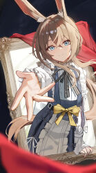 1girl absurdres amiya_(arknights) animal_ear_fluff animal_ears arknights black_ribbon blue_eyes blurry brown_hair closed_mouth commentary depth_of_field dress haimaotuanzi hair_between_eyes highres long_hair long_sleeves looking_at_viewer neck_ribbon picture_frame reaching reaching_towards_viewer ribbon smile solo through_medium through_painting upper_body white_dress