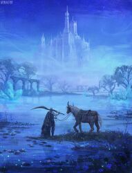 1boy animal armor arnaerr blue_theme cape castle elden_ring fog from_behind full_armor highres holding holding_reins in-universe_location knight landscape outdoors reins saddle saddlebags tarnished_(elden_ring) torrent_(elden_ring) tree