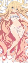 1girl absurdly_long_hair absurdres bandeau bare_shoulders barefoot bed_sheet blonde_hair blush breasts closed_mouth clothes_pull collarbone commission dakimakura_(medium) feet frills full_body gradient_hair green_eyes hair_between_eyes hair_spread_out highres long_hair looking_at_viewer lying medium_breasts multicolored_hair navel on_back original panties shiro9jira shorts shorts_pull skeb_commission smile solo streaked_hair toenails toes underwear very_long_hair white_bandeau white_panties white_shorts